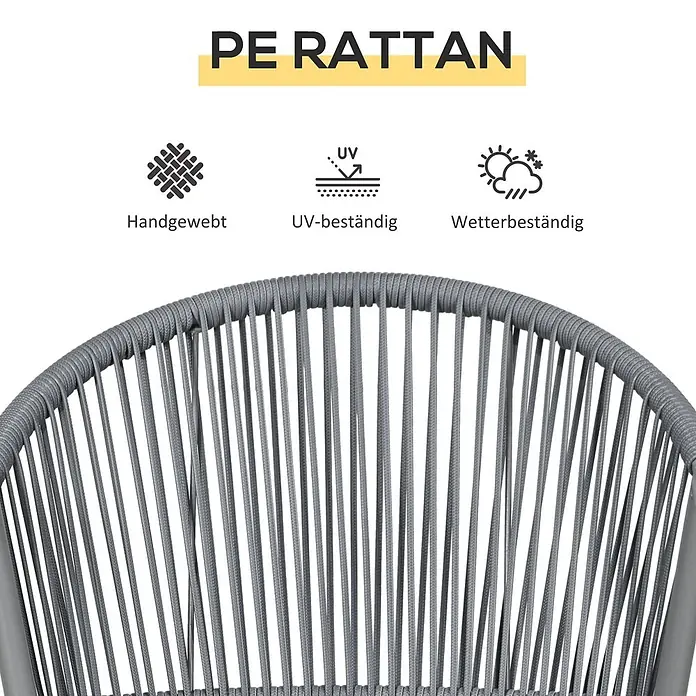 Outsunny Loungemöbel-Set mit Tisch - 3 -tlg., Stahl, PE-Rattan, 100% Polyester, Hartglas, Hellgrau - Grauer PE-Rattan-Stuhl, handgewebt, UV- und wetterbeständig.