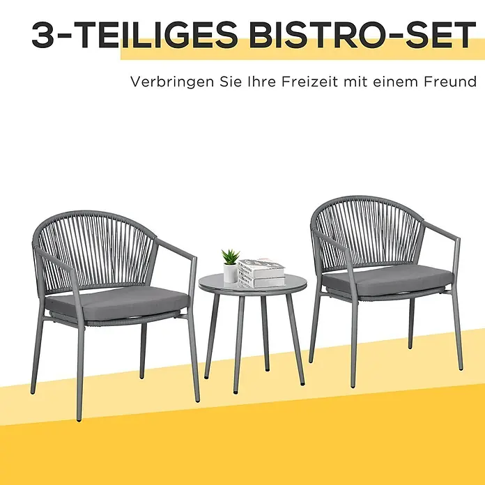 Outsunny Loungemöbel-Set mit Tisch - 3 -tlg., Stahl, PE-Rattan, 100% Polyester, Hartglas, Hellgrau - Ein 3-teiliges graues Bistro-Set mit zwei Stühlen (geflochtene Rückenlehnen, Kissen) und einem runden Tisch.