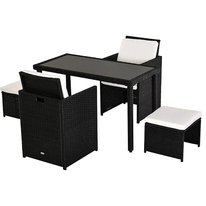 Outsunny Loungemöbel-Set - 5 -tlg., PE Polyrattan, Metall, Hartglas, Polyester, Schwarz, Beige - Kompaktes schwarzes Rattan-Gartenset mit rechteckigem Glastisch, zwei Stühlen und zwei Hockern, alle mit weißen Kissen.