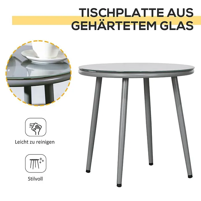 Outsunny Loungemöbel-Set mit Tisch - 3 -tlg., Stahl, PE-Rattan, 100% Polyester, Hartglas, Hellgrau - Runder Tisch mit gehärteter Glasplatte und grauen Metallbeinen. Leicht zu reinigen und stilvoll.