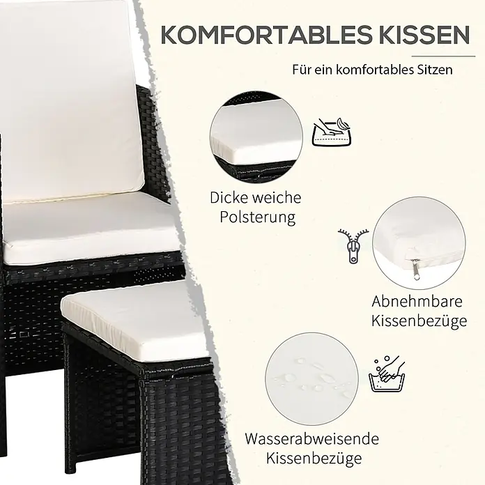 Outsunny Loungemöbel-Set - 5 -tlg., PE Polyrattan, Metall, Hartglas, Polyester, Schwarz, Beige - Dunkelbrauner Rattan-Sessel und -Hocker mit dicken, weißen, bequemen, wasserabweisenden und abnehmbaren Kissen.