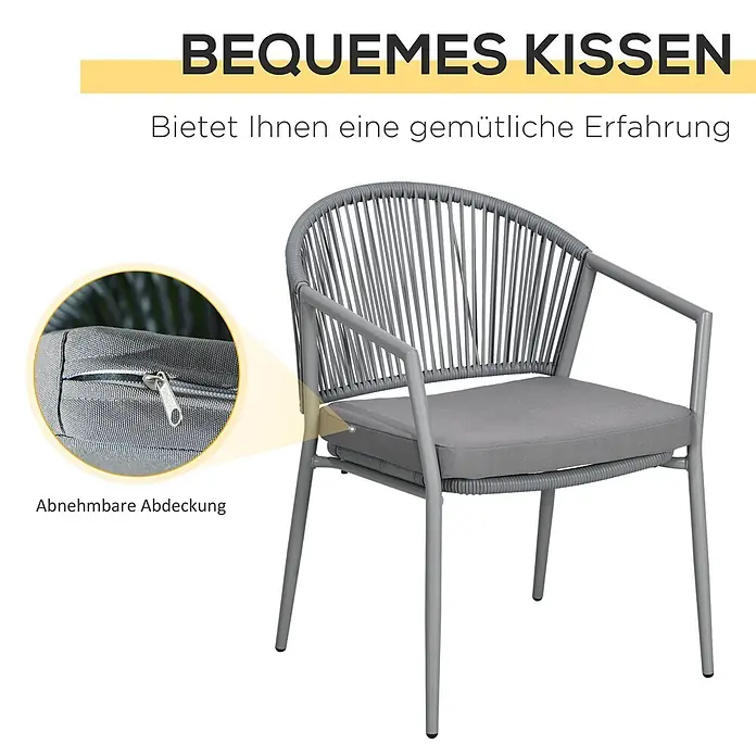 Outsunny Loungemöbel-Set mit Tisch - 3 -tlg., Stahl, PE-Rattan, 100% Polyester, Hartglas, Hellgrau - Grauer Outdoor-Stuhl mit Metallrahmen und geflochtener Rückenlehne/Seiten, inklusive grauem Kissen mit abnehmbarem Bezug (Reißverschluss-Detail).
