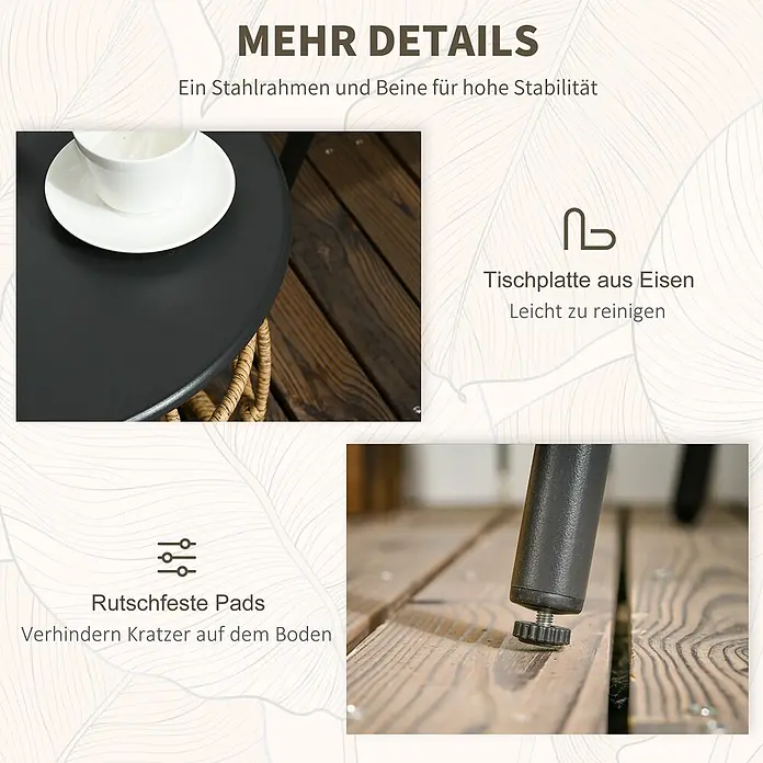 Outsunny Loungemöbel-Set mit Tisch - 3 -tlg., Stahl, Polyester, PE Rattan, Boho Design, Sand, Dunkelgrau - Details eines Tisches: stabiler Stahlrahmen, leicht zu reinigende Eisen-Tischplatte und rutschfeste Pads zum Bodenschutz.