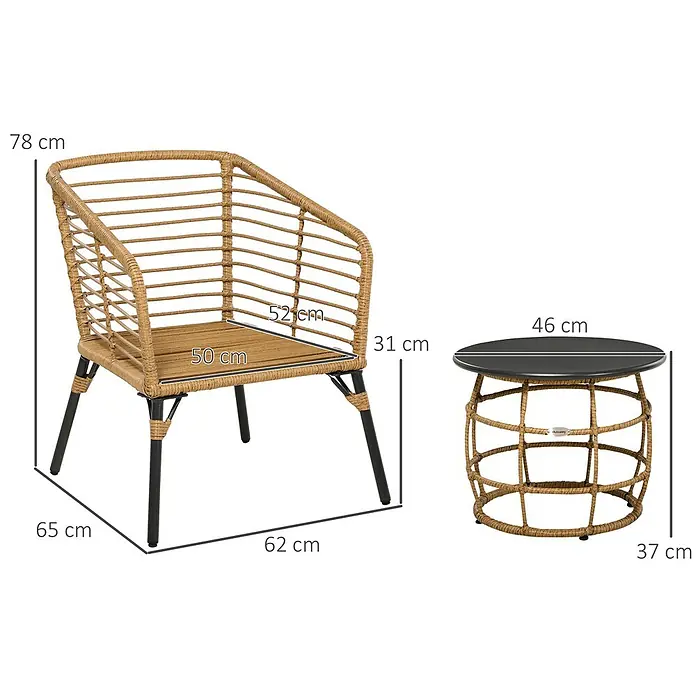 Outsunny Loungemöbel-Set mit Tisch - 3 -tlg., Stahl, Polyester, PE Rattan, Boho Design, Sand, Dunkelgrau - Brauner Sessel aus Polyrattan mit schwarzen Beinen und passender runder Beistelltisch mit schwarzer Platte.