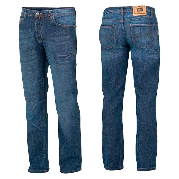 Industrial Starter Pantalones de trabajo Stretch - XS, Azul - Jeans de denim azules, vistas frontal y trasera. Diseño clásico de cinco bolsillos con etiqueta de marca en la cintura.
