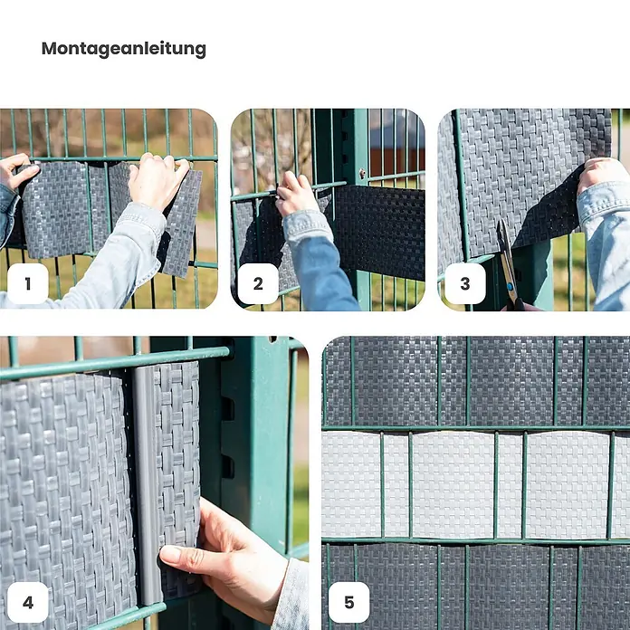 Jardinion Sichtschutzelement 250cm Sichtschutzstreifen 19cm x 2,4mm Doppelstabmattenzaun Hellbraun - B x H: 24 x 19 cm, Kunststoff, Beige - Montage einer geflochtenen Sichtschutzwand in Grau und Schwarz an einem Metallzaun, schrittweise Anleitung.