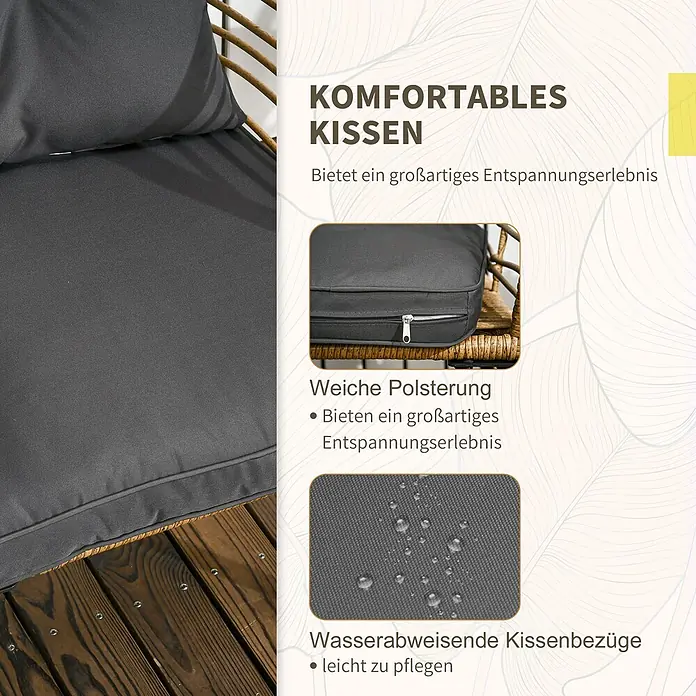 Outsunny Loungemöbel-Set mit Tisch - 3 -tlg., Stahl, Polyester, PE Rattan, Boho Design, Sand, Dunkelgrau - Dunkelgraue, weiche, wasserabweisende Kissen für Rattan-Gartenmöbel.