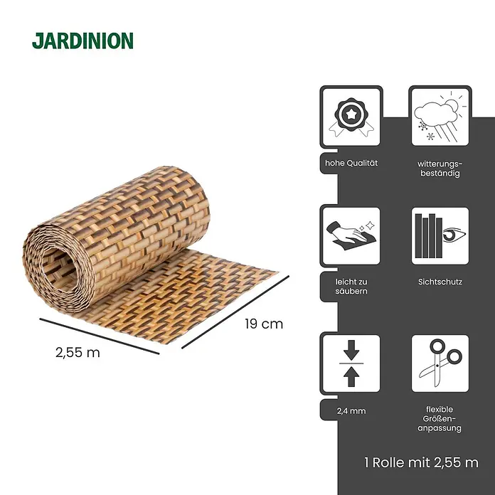 Jardinion Sichtschutzelement 250cm Sichtschutzstreifen 19cm x 2,4mm Doppelstabmattenzaun Braun - B x H: 2,4 x 19 cm, Kunststoff, Braun - Aufgerollter Sichtschutz in braun-beiger Rattan-Optik, 2,55 m lang und 19 cm hoch.