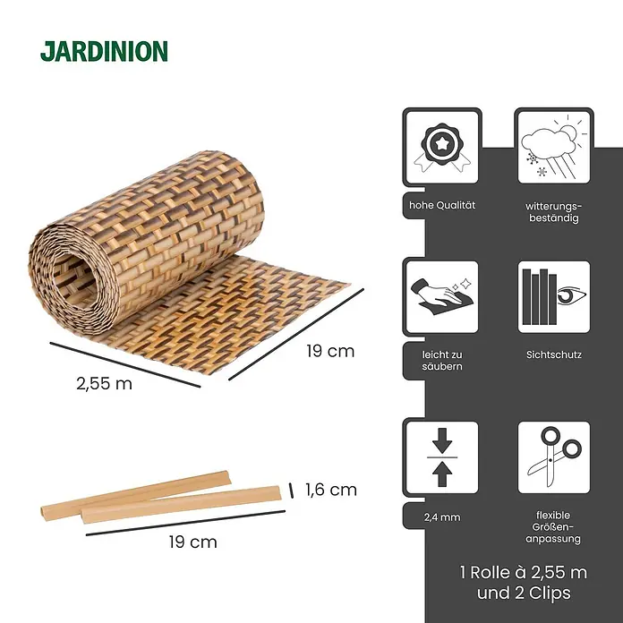 Jardinion Sichtschutzelement 250cm Sichtschutzstreifen 19cm x 2,4mm inkl. Klemmschienen Braun - Kunststoff, Braun - Aufgerollter Sichtschutz in geflochtener Rattan-Optik, 2,55m x 19cm, mit 2 Clips.
