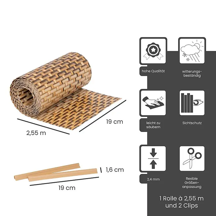 Jardinion Sichtschutzelement 250cm Sichtschutzstreifen 19cm x 2,4mm inkl. Klemmschienen Braun - Kunststoff, Braun - Braunes/beiges Sichtschutzgeflecht in Rattan-Optik (2,55m) mit zwei hellbraunen Clips. Witterungsbeständig und flexibel.
