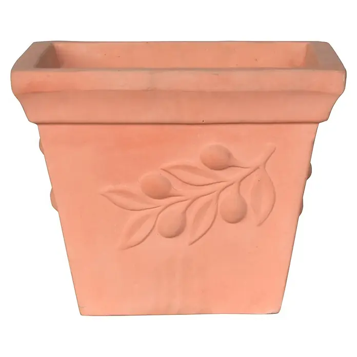 Pflanztopf Terra Olive - Außenmaß (L x B x H): 44 x 44 x 35 cm, Naturmaterialien, Terrakotta - Quadratischer Terrakotta-Pflanztopf mit geprägtem Olivenzweig-Design.