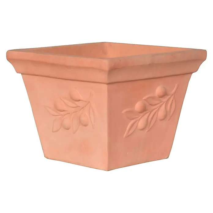 Pflanztopf Terra Olive - Außenmaß (L x B x H): 44 x 44 x 35 cm, Naturmaterialien, Terrakotta - Quadratischer Terrakotta-Pflanzkübel mit Olivenzweig-Prägung.