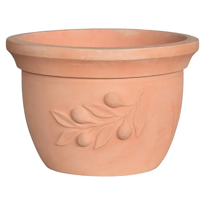 Pflanztopf Terra Olive - Terrakotta, Außenmaß (Ø x H): 34 x 24 cm, 1 Stk. - Terrakotta-Pflanztopf mit geprägtem Olivenzweig-Motiv.