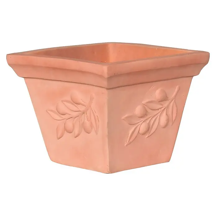 Pflanztopf Terra Olive - Außenmaß (L x B x H): 32 x 32 x 25 cm, Naturmaterialien, Terrakotta - Quadratischer Terrakotta-Pflanztopf mit geprägten Olivenzweigen.