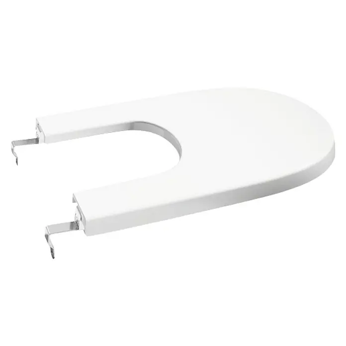 Roca Meridian-N Tapa de bidé Compact - Blanco, Plástico termoendurecido - La imagen muestra un asiento de inodoro blanco en forma de U con fijaciones metálicas. Ideal para baños con diseño funcional.