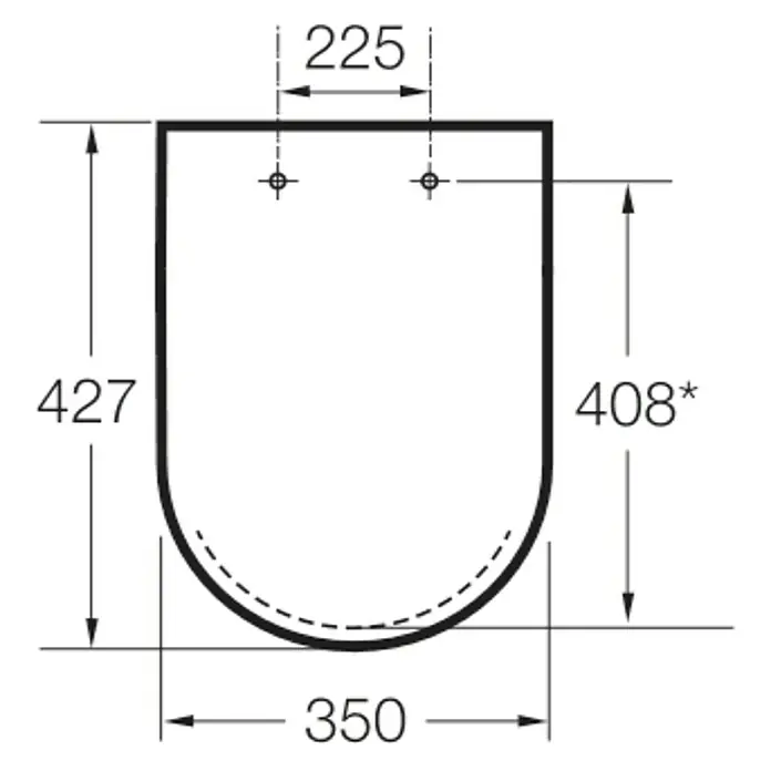 Roca The Gap Tapa de WC Compact - Termoplástico, Blanco, Con caída amortiguada - Dibujo esquemático de un lavabo con dimensiones 427 x 350 mm, distancia de montaje de 225 mm y altura de 408 mm.