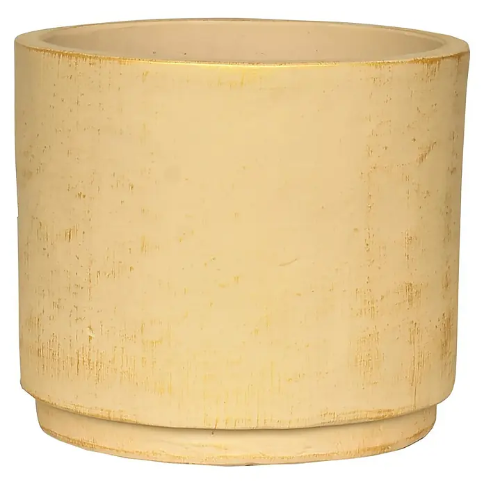 Pflanztopf Rovigo - Almond, Außenmaß (Ø x H): 23 x 20 cm, 1 Stk. - Hellgelber zylindrischer Übertopf mit Antik-Finish und dezent goldenem Rand.