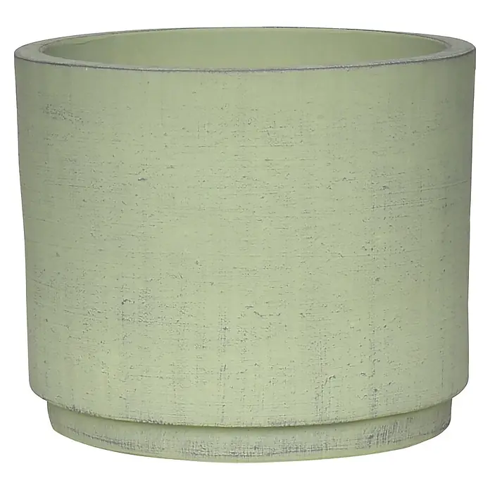 Pflanztopf Rovigo - Matcha, Außenmaß (Ø x H): 32 x 27 cm, 1 Stk. - Hellgrüner zylindrischer Blumentopf mit verwitterter Textur und schmalerer Basis.
