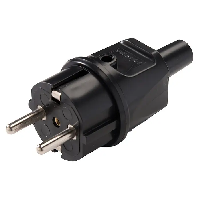 UniTEC Stecker knickschutz - Kunststoff, Schwarz - Schwarzer Kunststoff-Stecker mit zwei runden Stiften und einem Erdungsloch, gängig in Europa.