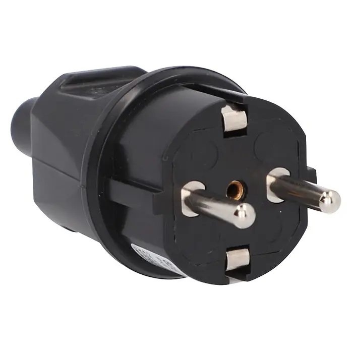 UniTEC Stecker knickschutz - Kunststoff, Schwarz - Schwarzer Netzstecker-Adapter mit zwei runden Stiften und Erdungsloch, ausgestattet mit seitlichen Erdungsklammern.