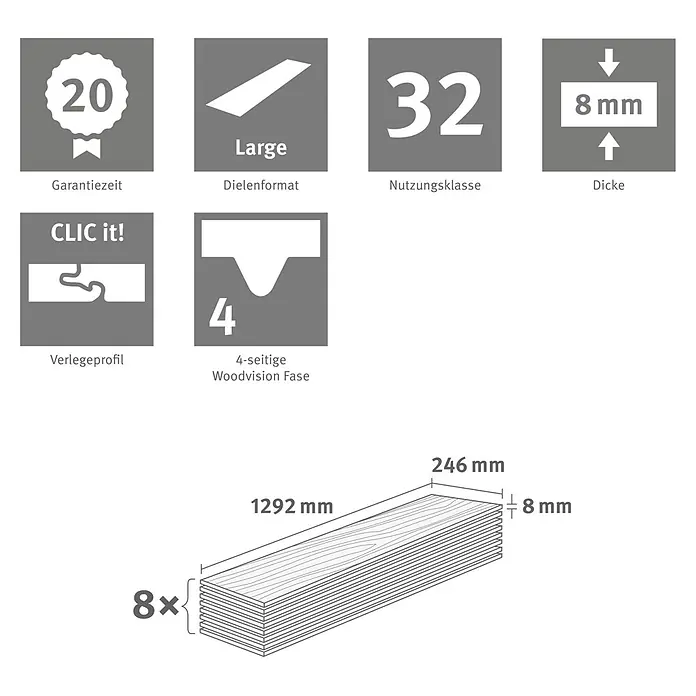 Egger Laminat NatureSense - Carlin Eiche sand, Landhausdiele, 1.292 x 246 x 8 mm - Spezifikationen für Laminatdielen: 8mm dick, 1292x246mm, 20 Jahre Garantie, Nutzungsklasse 32, Klicksystem, 4-seitige Fase.