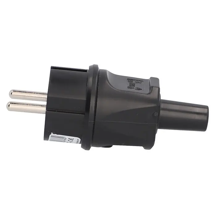 UniTEC Stecker knickschutz - Kunststoff, Schwarz - Schwarzer Schuko-Stecker mit zwei runden Metallstiften und Kunststoffgehäuse.