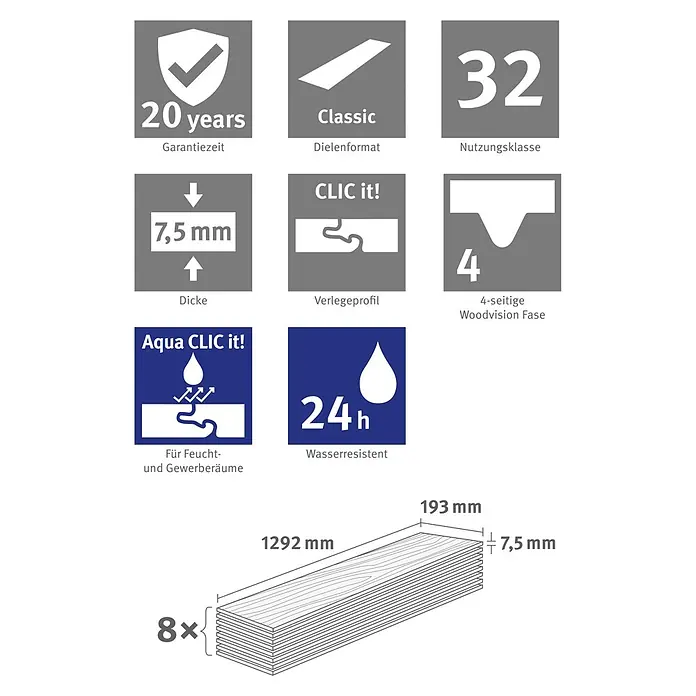 Egger Laminat Aquadura+ - Panora Eiche beige, Landhausdiele, 1.292 x 193 x 7,5 mm - Spezifikationen für Bodenbelagsdielen: 7,5mm Dicke, 20 Jahre Garantie, 24h wasserresistent, Klick-System.