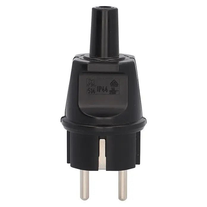 UniTEC Stecker knickschutz - Kunststoff, Schwarz - Schwarzer Schuko-Stecker aus Kunststoff, IP44, 16A 250V, mit zwei Metallstiften und seitlichen Schutzkontakten.