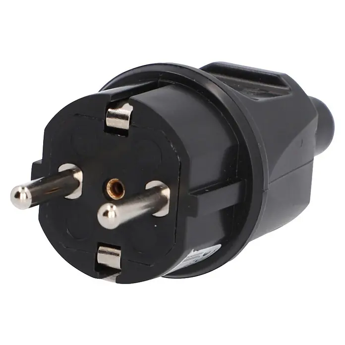 UniTEC Stecker knickschutz - Kunststoff, Schwarz - Schwarzer Schuko-Stecker aus Kunststoff mit zwei runden Stiften und oben/unten liegenden Schutzkontakten.