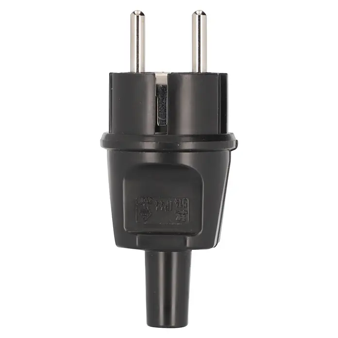 UniTEC Stecker knickschutz - Kunststoff, Schwarz - Schwarzer Kunststoff-Stecker mit zwei Metallstiften, IP44, 16A 250V.
