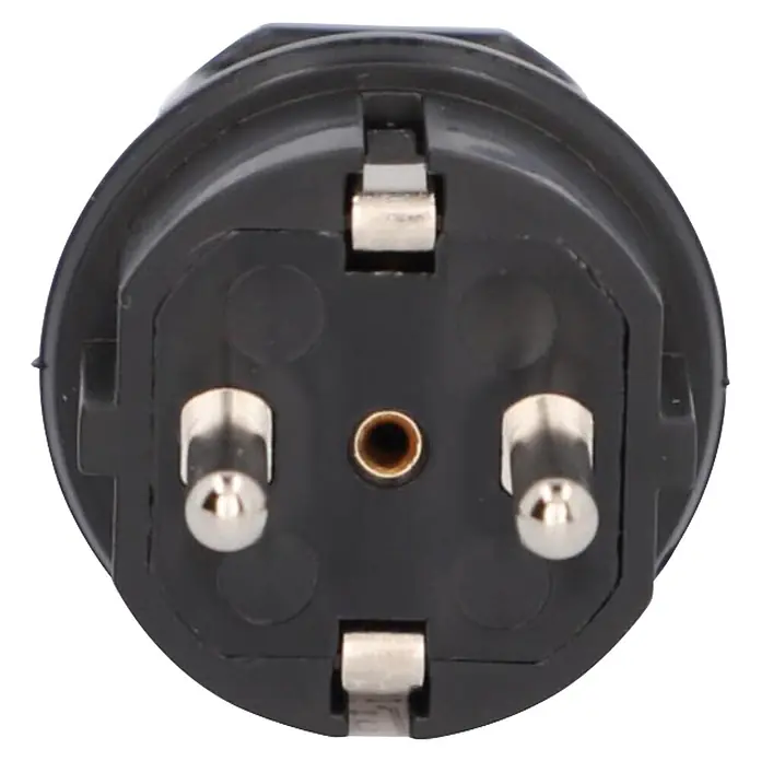 UniTEC Stecker knickschutz - Kunststoff, Schwarz - Schwarzer Steckdosenadapter mit zwei runden Metallstiften, zwei seitlichen Erdungsklammern und einem mittigen Erdungsloch.