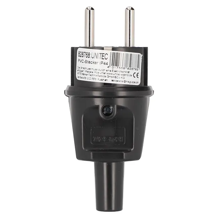 UniTEC Stecker knickschutz - Kunststoff, Schwarz - Schwarzer UNITEC PVC-Stecker mit zwei Metallstiften und IP44-Schutzart.