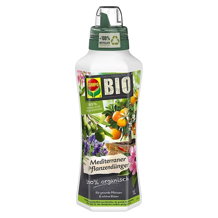 Compo Mediterranpflanzendünger - 1 l - Weiße 1L Flasche organischer BIO Mediterraner Pflanzendünger mit grünem Deckel und Pflanzenetikett. Aus ≈100% Recyclat.