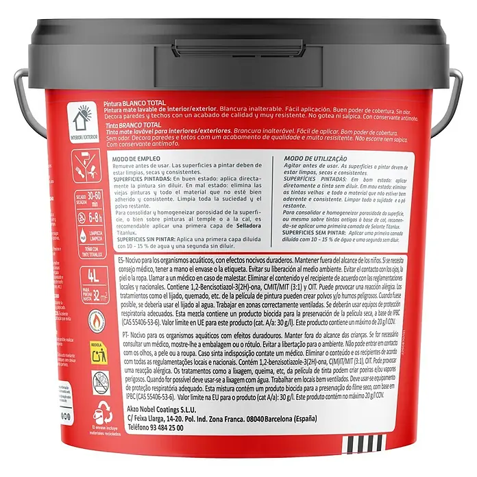 Titanlux Pintura para paredes y techos Blanco Total - Blanco, Mate, 4 l - Cubo de pintura rojo con tapa gris, que contiene pintura blanca mate interior/exterior.