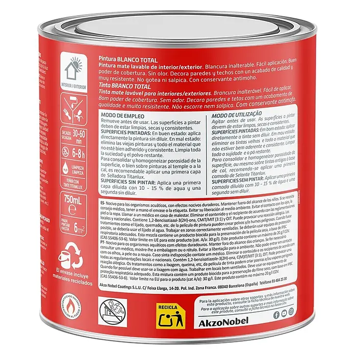 Titanlux Pintura para paredes y techos Blanco Total - Blanco, Mate, 750 ml - Un bote de pintura rojo con tapa metálica, contiene pintura blanca mate para interior y exterior.
