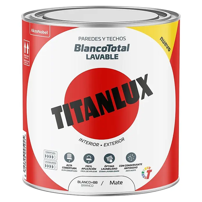 Titanlux Pintura para paredes y techos Blanco Total - Blanco, Mate, 750 ml - Un bote de pintura mate blanca AkzoNobel Titanlux BlancoTotal Lavable para paredes y techos, con alta cobertura y propiedades antimoho.