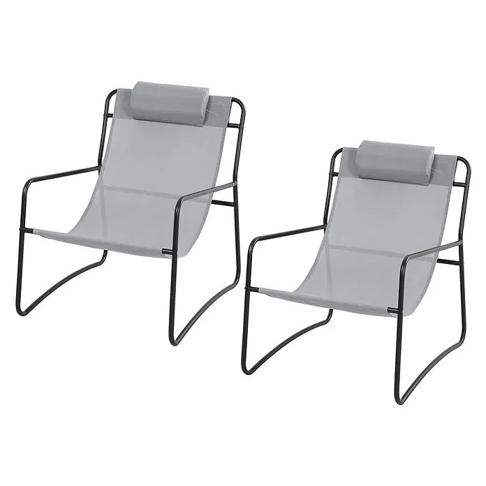SVITA Gartenstuhl-Set SVEIO - 2 Stk., 50 % Polyester, 50 % Stahl, Hellgrau, B x T x H: 65 x 80 x 81 cm - Zwei graue Liegestühle mit schwarzem Metallgestell und Kopfkissen.