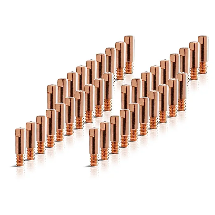 STAHLWERK Schweißzubehör-Set 2 x Stromdüsen AK15 MB15 M6x25 0,9 mm MIG MAG -  - Viele kupferfarbene Gewindekontaktspitzen mit flacher Oberseite und kleinem rechteckigen Vorsprung.