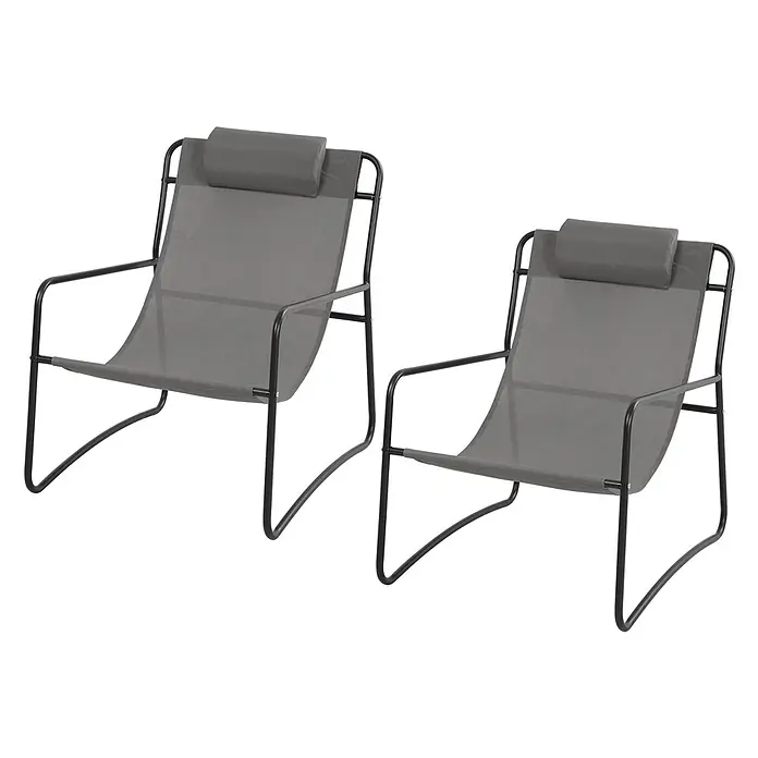 SVITA Gartenstuhl-Set SVEIO - 2 Stk., 50 % Polyester, 50 % Stahl, Dunkelgrau, B x T x H: 65 x 80 x 81 cm - Zwei dunkelgraue Lounge-Stühle aus Stoff mit schwarzen Metallgestellen und Kopfstützen.