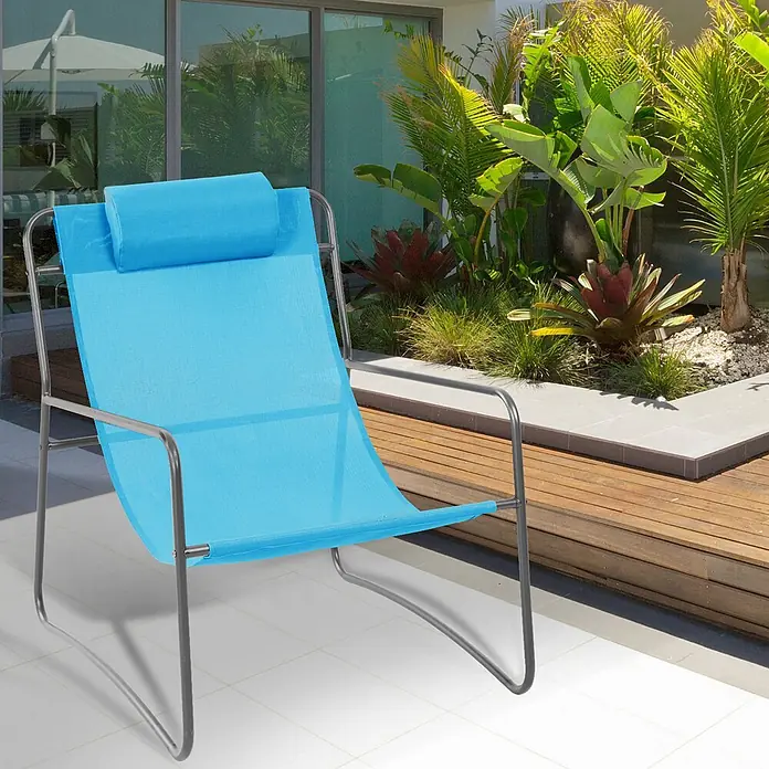 SVITA Gartenstuhl-Set SVEIO - 2 Stk., 50 % Polyester, 50 % Stahl, Blau, B x T x H: 65 x 80 x 81 cm - Blauer Stoff-Loungesessel mit silbernem Gestell auf einer sonnigen Terrasse.