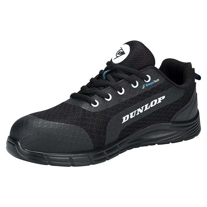 Dunlop Zapato bajo de seguridad BreezeTech - 42, Negro, Clase de protección según EN ISO 20345: S1P - Calzado de seguridad Dunlop negro con parte superior de malla, puntera protectora y cordones blancos.