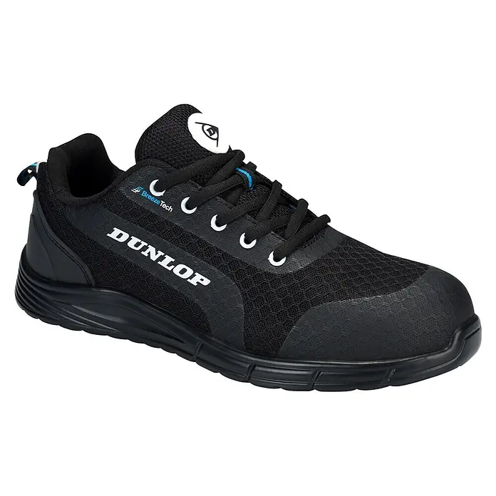 Dunlop Zapato bajo de seguridad BreezeTech - 42, Negro, Clase de protección según EN ISO 20345: S1P - Zapato de seguridad Dunlop negro con parte superior de malla, logo blanco y ojales blancos.