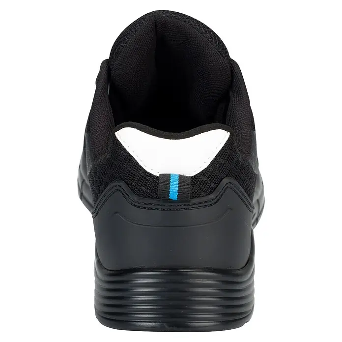 Dunlop Zapato bajo de seguridad BreezeTech - 42, Negro, Clase de protección según EN ISO 20345: S1P - Vista trasera de una zapatilla deportiva negra con acento blanco en el talón y tira de arrastre a rayas azules, con suela estriada.