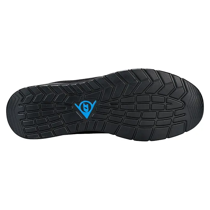 Dunlop Zapato bajo de seguridad BreezeTech - 42, Negro, Clase de protección según EN ISO 20345: S1P - Suela de zapato negra con patrón de banda de rodadura texturizada y logo Dunlop azul.