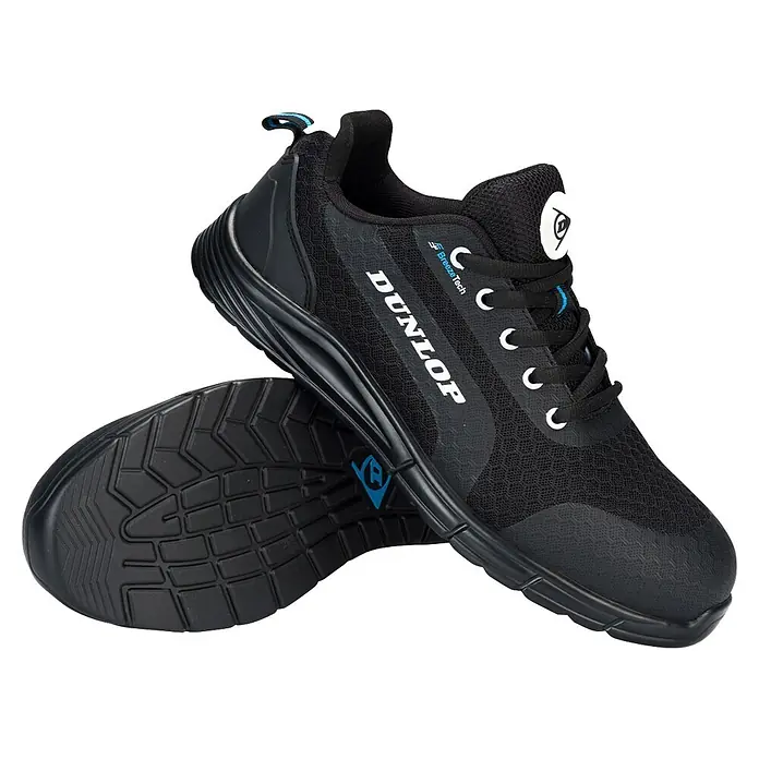 Dunlop Zapato bajo de seguridad BreezeTech - 42, Negro, Clase de protección según EN ISO 20345: S1P - Zapatillas de seguridad Dunlop negras con parte superior de malla, cordones blancos y detalles azules.