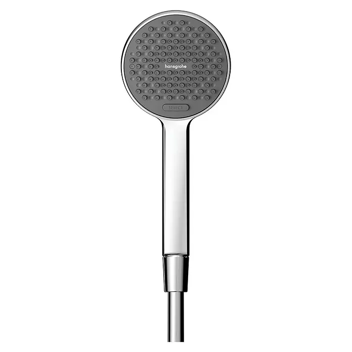 Hansgrohe Teleducha Activera Select S - Diámetro: 9,5 cm, Cromo - Ducha de mano con cara de pulverización gris y mango cromado, con un botón 'SELECT'.