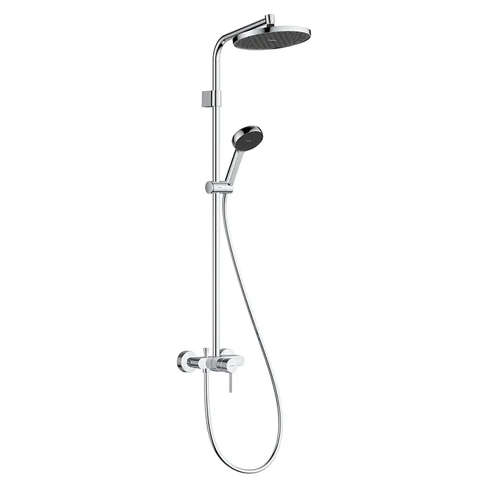 Hansgrohe Sistema de ducha Activera - Con grifo monomando, Número de tipos de chorro: 2 ud., Cromo - Sistema de ducha cromado con rociador de techo redondo, ducha de mano con manguera, barra vertical y mezclador termostático.