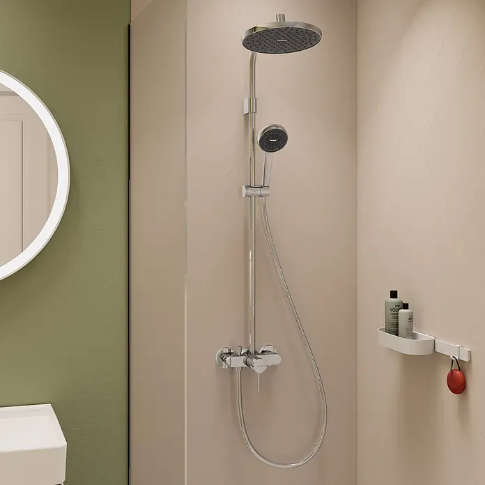 Hansgrohe Sistema de ducha Activera - Con grifo monomando, Número de tipos de chorro: 2 ud., Cromo - Sistema de ducha cromado con rociador y ducha de mano, instalado en un baño moderno.