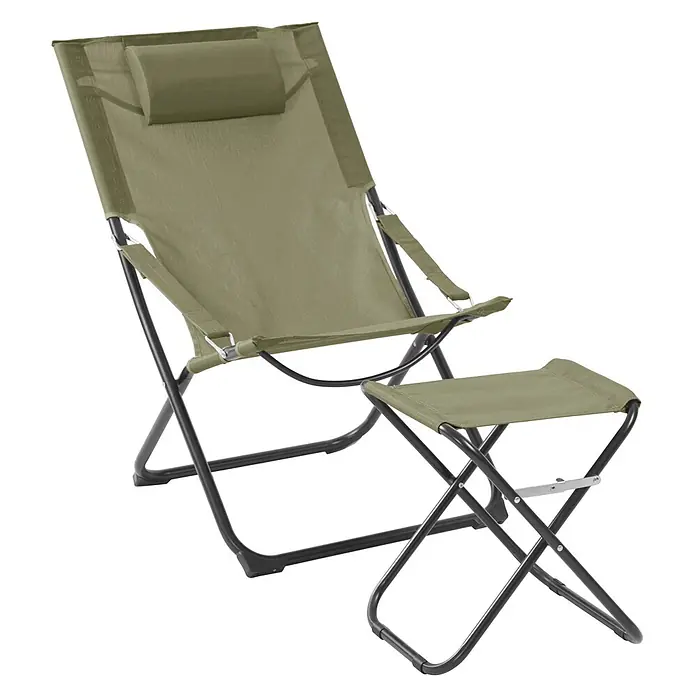 SVITA Garten-Liegestuhl TOMRA mit Hocker - 1 Stk., 50 % Kunststoffgewebe, 50 % Stahl, Klappbar, Grün, B x T x H: 61 x 77 x 93 cm - Olivgrüner Klappliegestuhl mit Kopfstütze und passendem Hocker, mit schwarzem Metallrahmen.