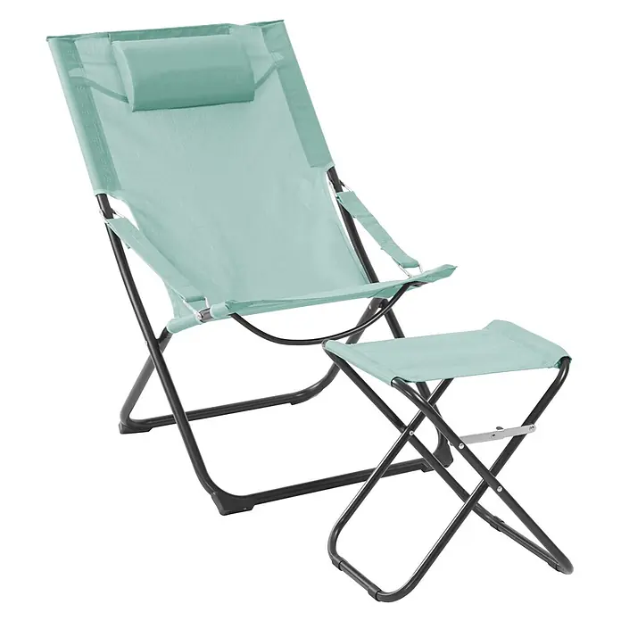 SVITA Garten-Liegestuhl TOMRA mit Hocker - 1 Stk., Pulverbeschichteter Stahl, Kunststoffgewebe, Klappbar, Blau, B x T x H: 61 x 77 x 93 cm - Mintgrüne Klappliege mit Kopfstütze und passendem Hocker, dunkles Metallgestell.